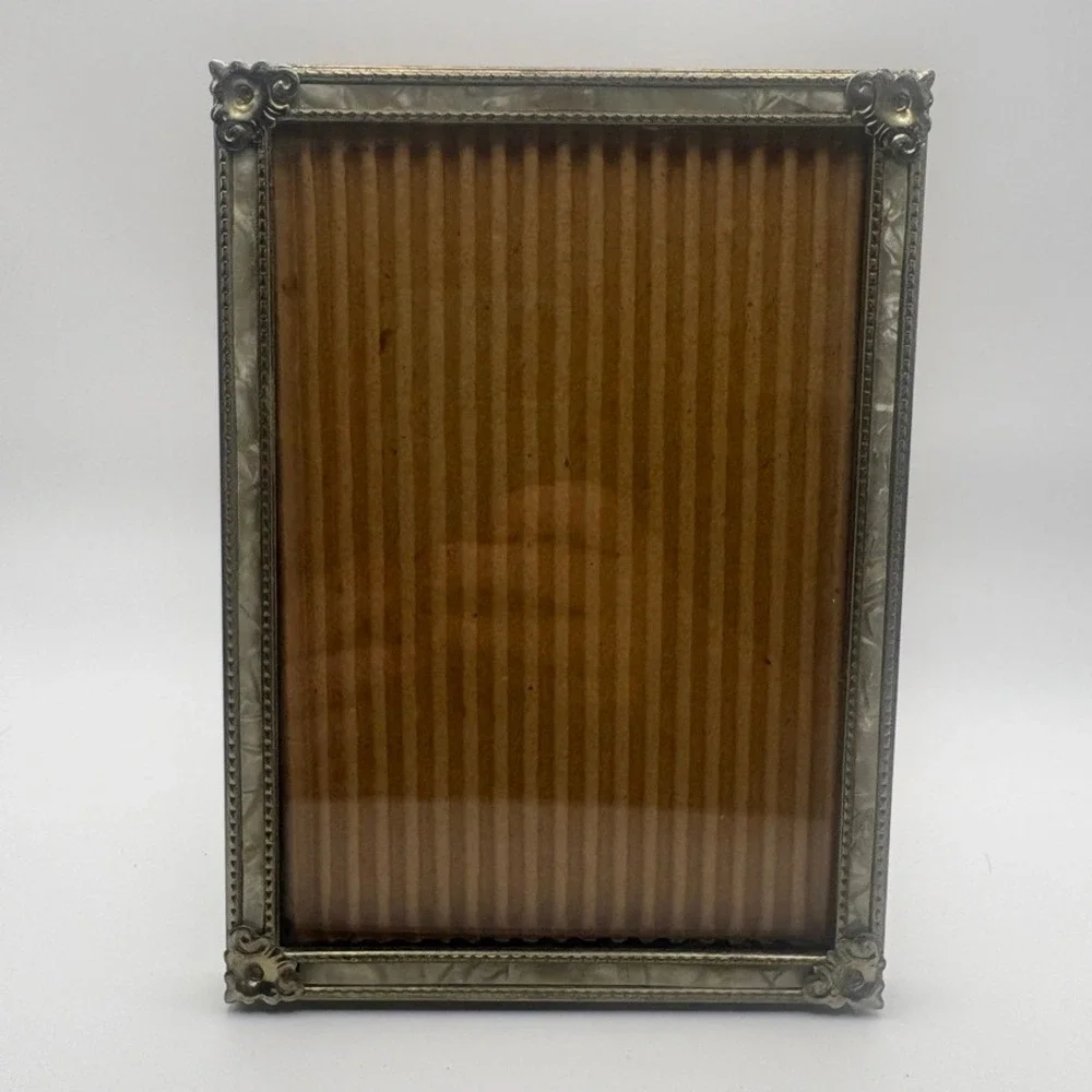 Vintage Ornate Brass Mother of Pearl Inlay Picture Frame Floral Filigree 5.5x7.5